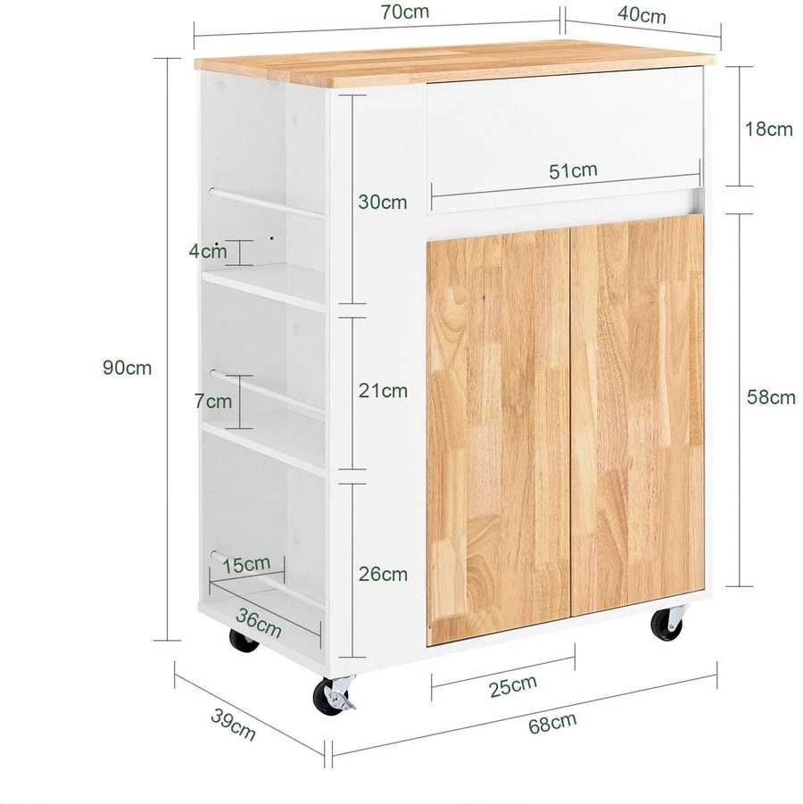 Sobuy Virtuvės vežimėlis 70x40x90 cm baltas, su kaučiukmedžio viršumi