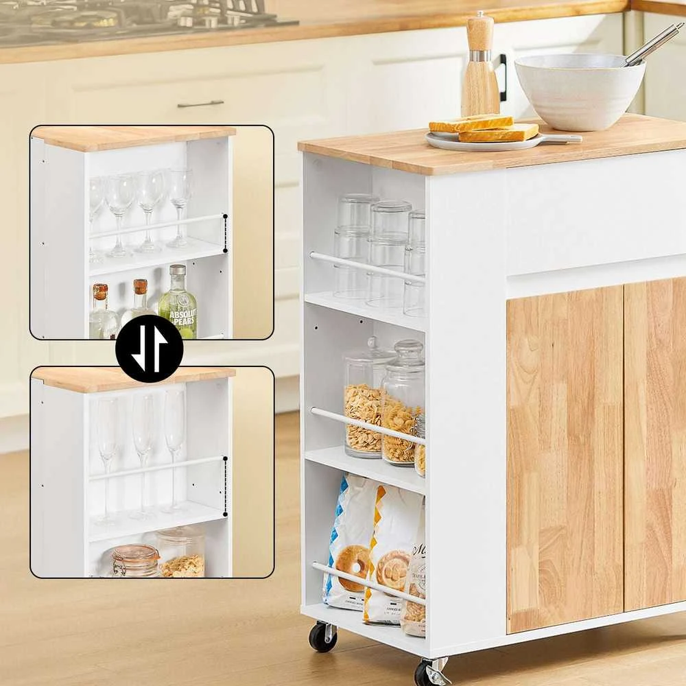 Sobuy Virtuvės vežimėlis 70x40x90 cm baltas, su kaučiukmedžio viršumi