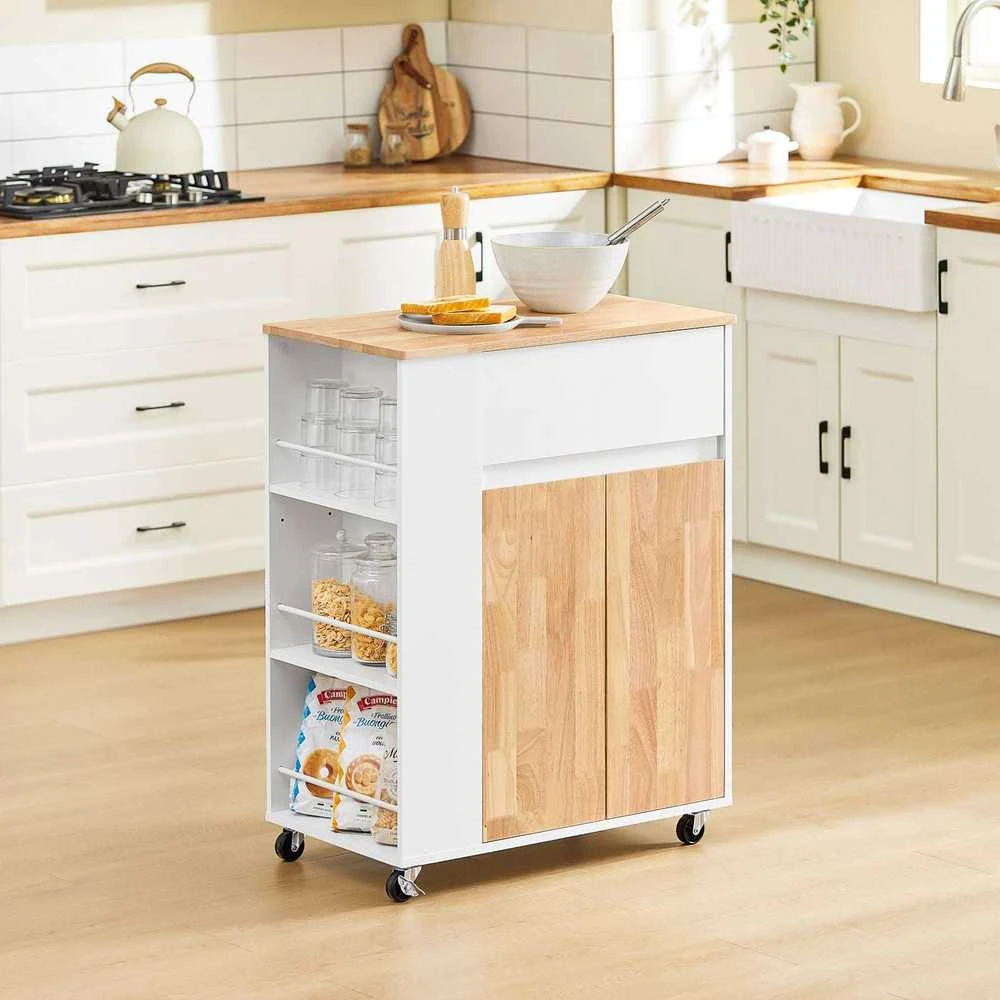 Sobuy Virtuvės vežimėlis 70x40x90 cm baltas, su kaučiukmedžio viršumi