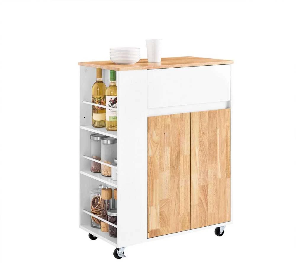 Sobuy Virtuvės vežimėlis 70x40x90 cm baltas, su kaučiukmedžio viršumi