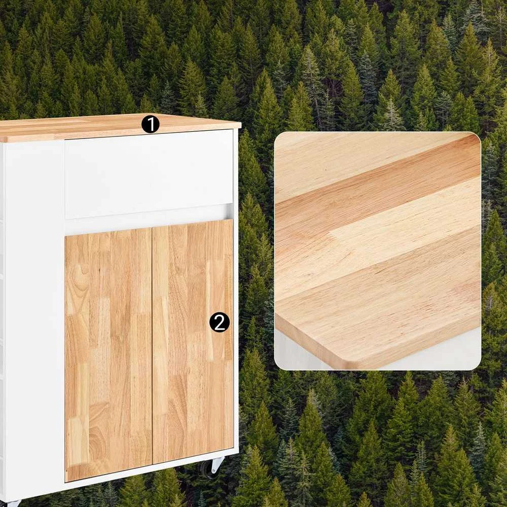 Sobuy Virtuvės vežimėlis 70x40x90 cm baltas, su kaučiukmedžio viršumi