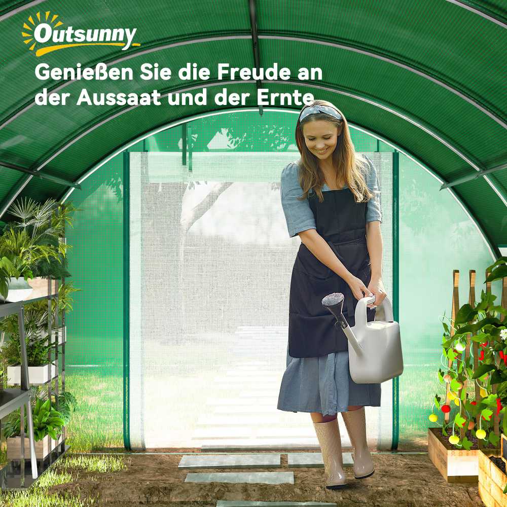 Outsunny 6 x 3 x 2 m plėvelinis šiltnamis su 12 langų, roletinėmis durimis, pakeliamomis sienelėmis, UV spinduliams atsparus arkinis šiltnamis, žieminis pomidorų namelis su žemės inkariniais laikikliais, žalias