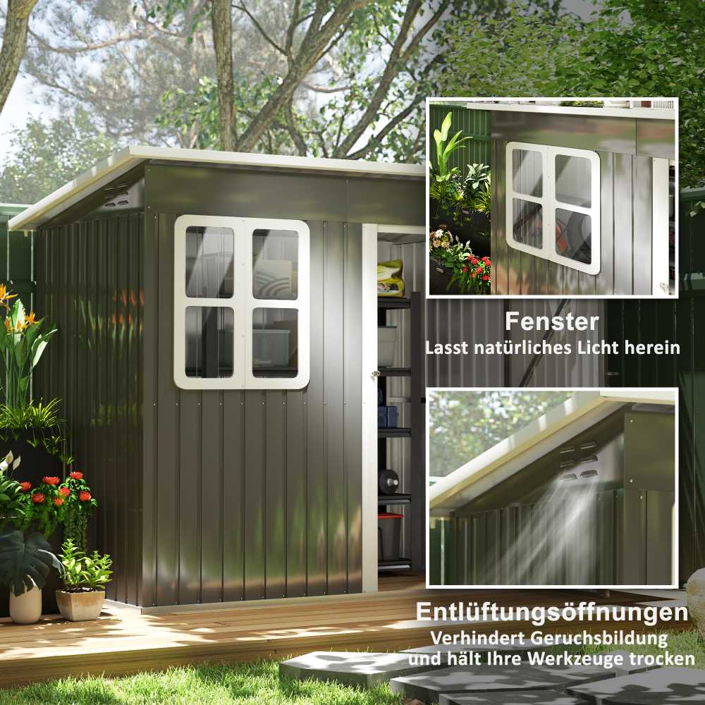 Outsunny sodo namelis 2,55 m², sodo sandėliukas su vienšlaičiu stogu, 221 x 133 x 190/173 cm, rakinamas įrankių namelis su langu, plieno sandėliukas dviračiams, tamsiai pilkas