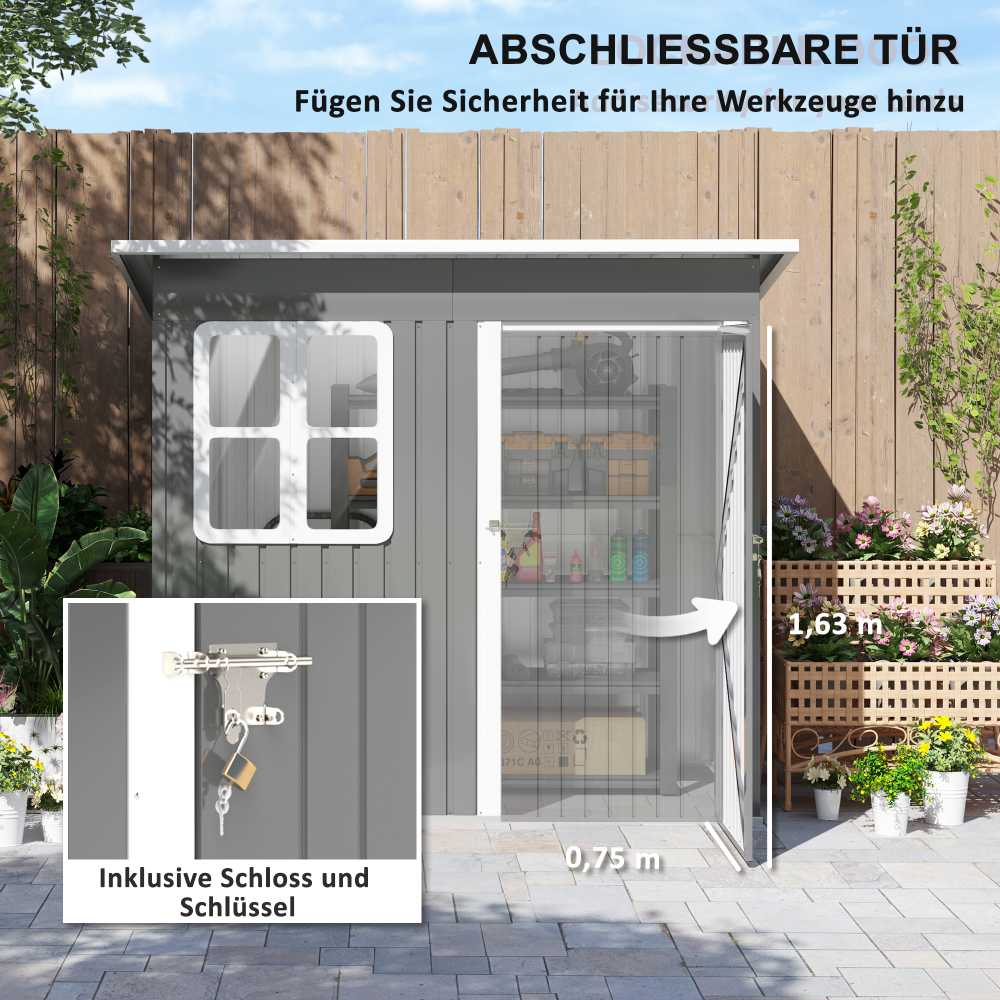 Outsunny sodo namelis 2,55 m², sodo sandėliukas su vienšlaičiu stogu, 221 x 133 x 190/173 cm, rakinamas įrankių namelis su langu, plieno sandėliukas dviračiams, tamsiai pilkas