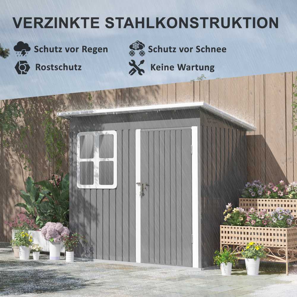 Outsunny sodo namelis 2,55 m², sodo sandėliukas su vienšlaičiu stogu, 221 x 133 x 190/173 cm, rakinamas įrankių namelis su langu, plieno sandėliukas dviračiams, tamsiai pilkas