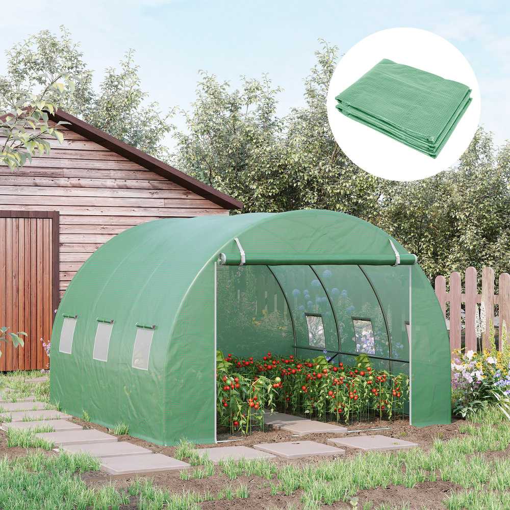 Outsunny atsarginė plėvelė sodo šiltnamiui tuneliui 9 m², plėvelės matmenys 3I x 3P x 2A m PE atspari UV spinduliams vandeniui nelaidi 6 langai + susukamos durys su užtrauktuku žalia