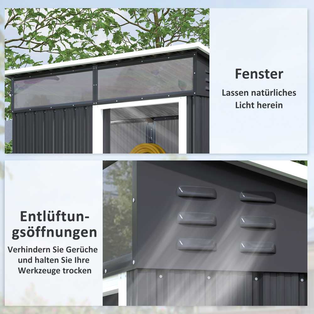 Outsunny metalinis sodo namelis 1,9m² 195x122x182cm, įrankių pašiūrė su pamatu, šlaitinis stogas, langai, stumdomos durys, tamsiai pilkas