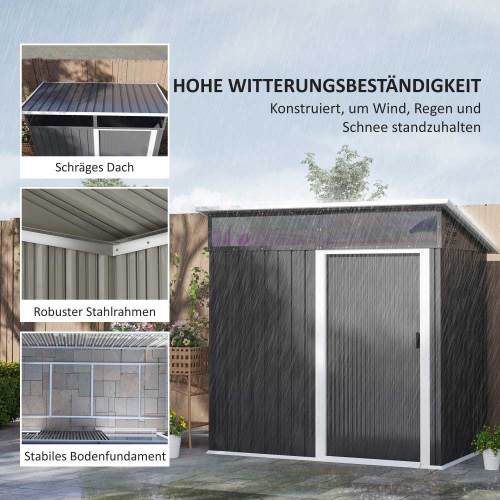 Outsunny metalinis sodo namelis 1,9m² 195x122x182cm, įrankių pašiūrė su pamatu, šlaitinis stogas, langai, stumdomos durys, tamsiai pilkas