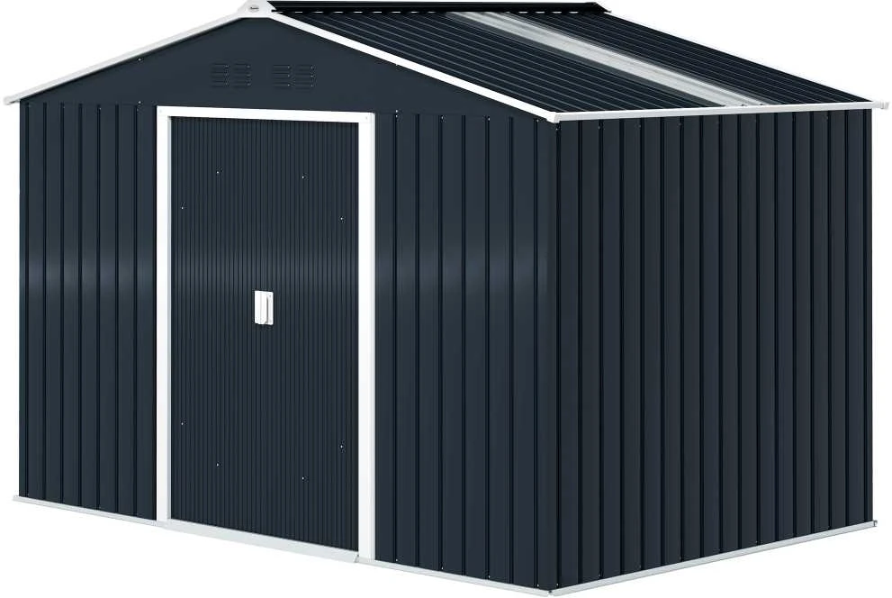 Outsunny cinkuoto plieno įrankių namelis 4,9 m² 277x195x192 cm, sodo namelis su dvišlaičiu stogu, pamatu, rakinamomis stumdomomis durimis, atsparus oro sąlygoms, tamsiai pilkas