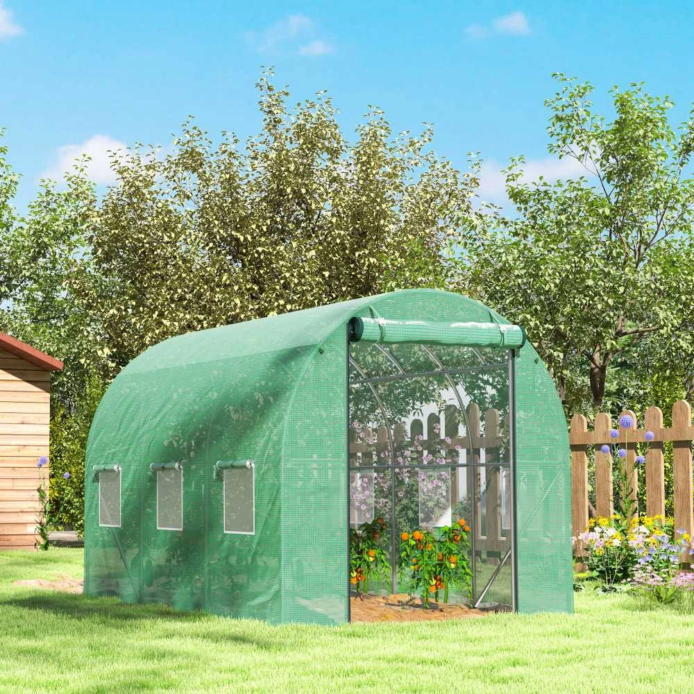 Outsunny šiltnamis, apie 3 x 2 x 2 m, plėvelinis šiltnamis su 6 langais, roletinėmis durimis, suvyniojamais šonais, UV spinduliams atsparus plėvelės tunelis, žiemojantis pomidorų namelis su žemės inkarais, žalias