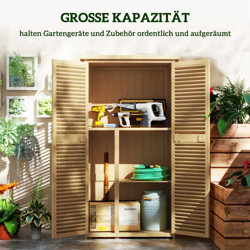 Outsunny medinė sodo spinta - įrankių namelis su asfaltuotu stogu ir žaliuzinėmis durimis, 4 lentynos, šviesiai geltona, 87 x 46,5 x 160 cm