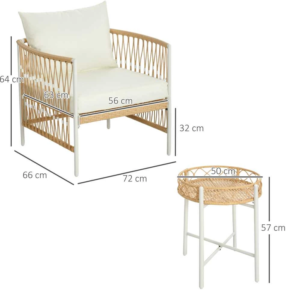 Lauko baldų komplektas Outsunny 3 dalių rataninių sodo baldų komplektas, sodo baldai su 2 kėdėmis, žurnaliniu staliuku, balkono baldų rinkinys su pagalvėlėmis, balkonui, terasai, geltona+kreminė spalva