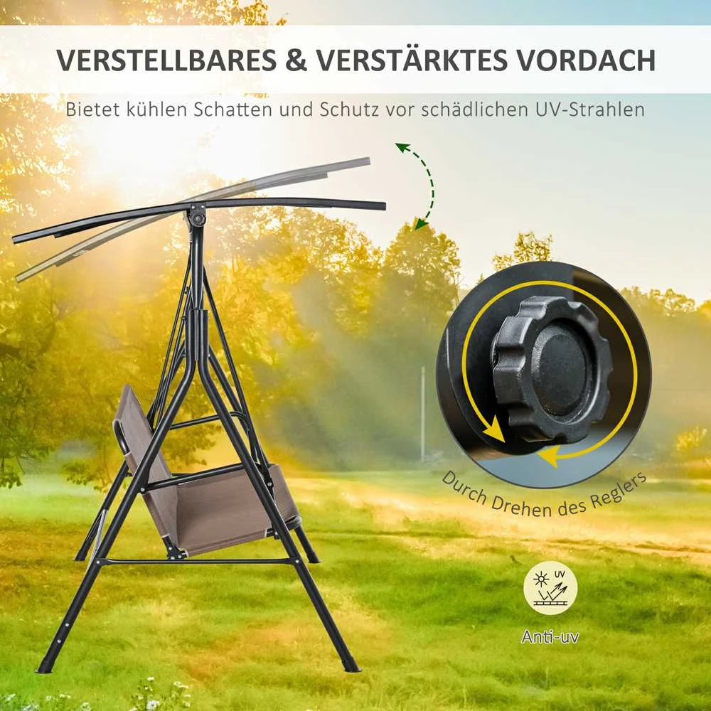 Outsunny dvivietės sodo sūpynės, kėdė, lauko gultas, atsparios UV spinduliams, aukštos kokybės metalinis rėmas, reguliuojamu kampu, rudos spalvos