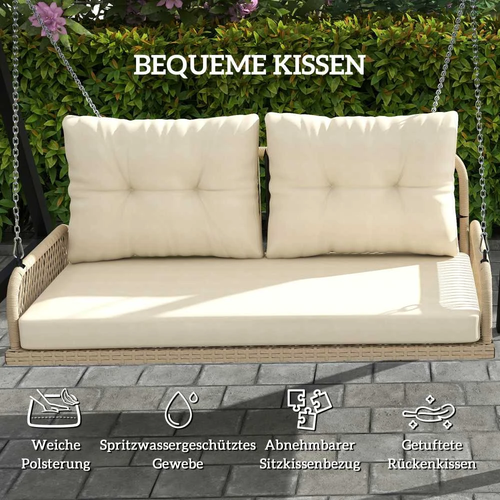 Outsunny 2-vietė ratano sodo sūpynė su pagalvėlėmis, grandinėmis, pakabinamas suoliukas, keliamoji galia iki 240 kg, kabančios sūpynės, sodo suoliukas, skirtas sodui ir balkonui, 115 x 66 x 44 cm, smėlio spalvos