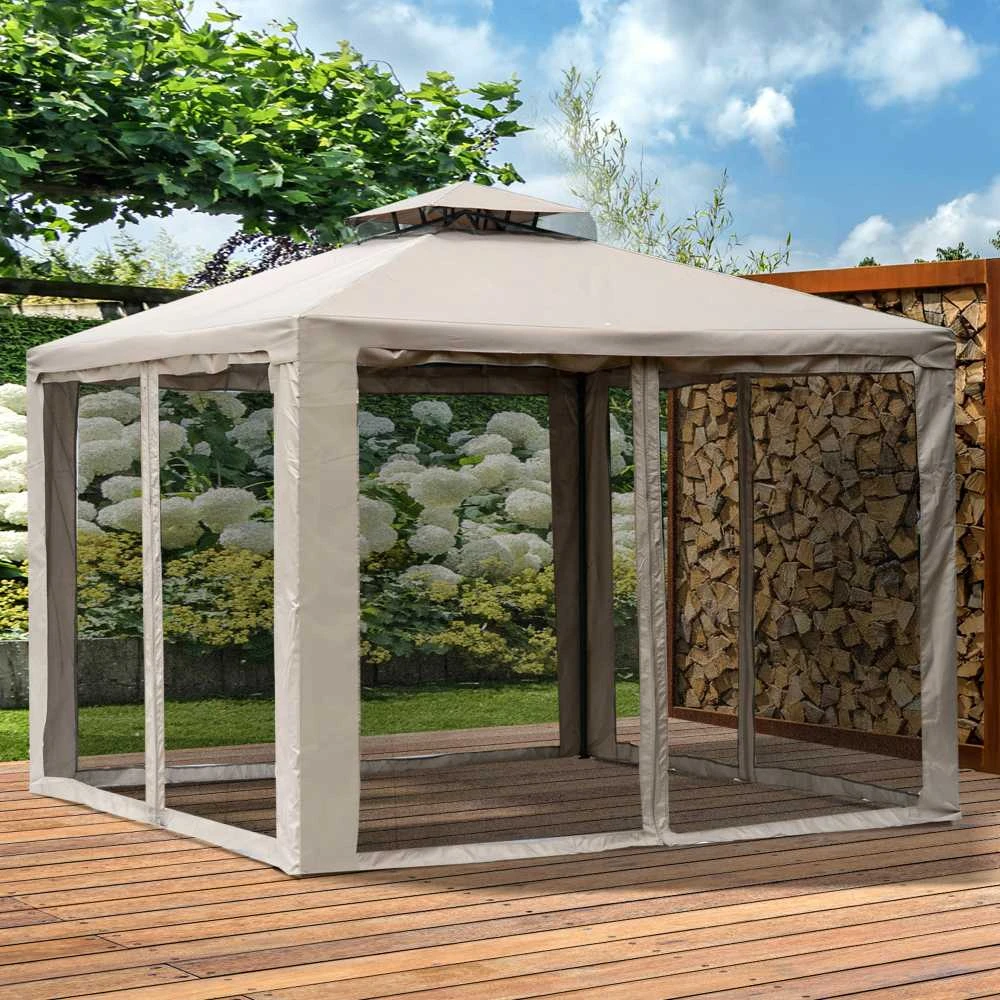 Outsunny sodo pavėsinė 3x3x2,6 m, sodo palapinė su 4 šoninėmis sienelėmis, atspari oro sąlygoms, metalas, poliesteris, pilka
