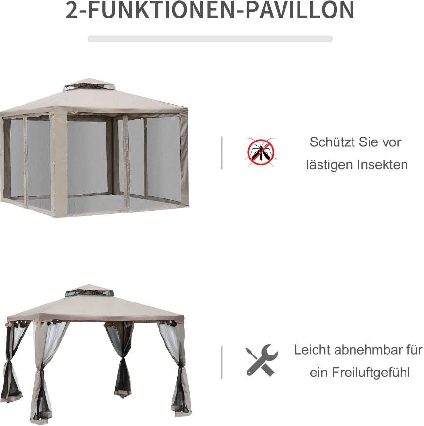 Outsunny sodo pavėsinė 3x3x2,6 m, sodo palapinė su 4 šoninėmis sienelėmis, atspari oro sąlygoms, metalas, poliesteris, pilka