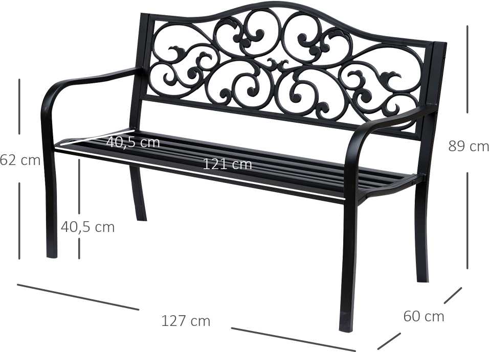 Outsunny 3-vietis sodo suoliukas, plieno suoliukas su porankiais, ketaus, juodas, 127x60x89cm