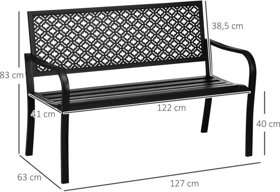 Outsunny plieno sodo suoliukas, 2 vietų parko suoliukas su atlošu ir porankiais, suoliukas su gėlių raštu, maks. 240 kg, juodas, 127 x 63 x 83 cm