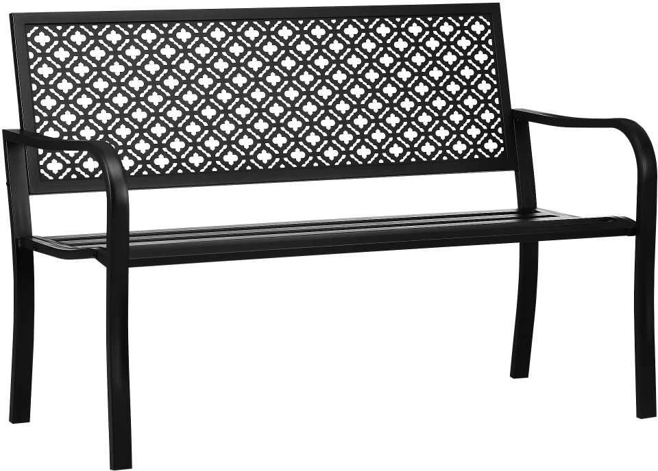 Outsunny plieno sodo suoliukas, 2 vietų parko suoliukas su atlošu ir porankiais, suoliukas su gėlių raštu, maks. 240 kg, juodas, 127 x 63 x 83 cm