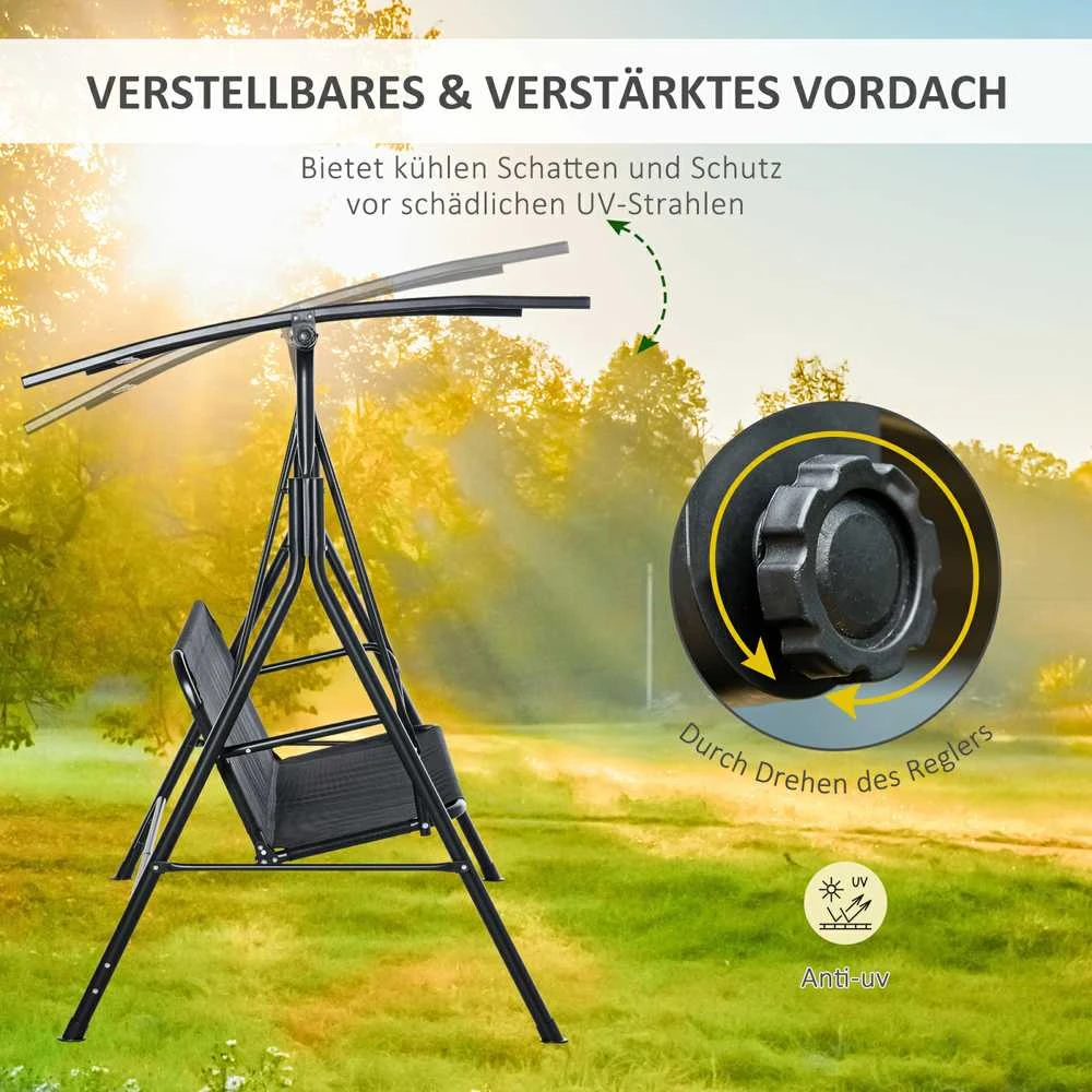 Outsunny 2 vietų sodo sūpynės, lauko gultas, atsparios UV spinduliams, aukštos kokybės metalinis vamzdis, reguliuojamas kampas, juodos