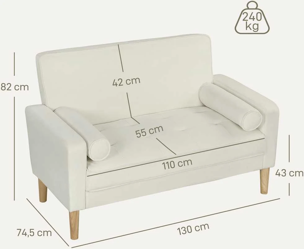 HOMCOM 2-vietė sofa, dvivietė sofa su kaučiukmedžio kojelėmis, minkšta sofa svetainei, miegamajam, kreminės baltos spalvos