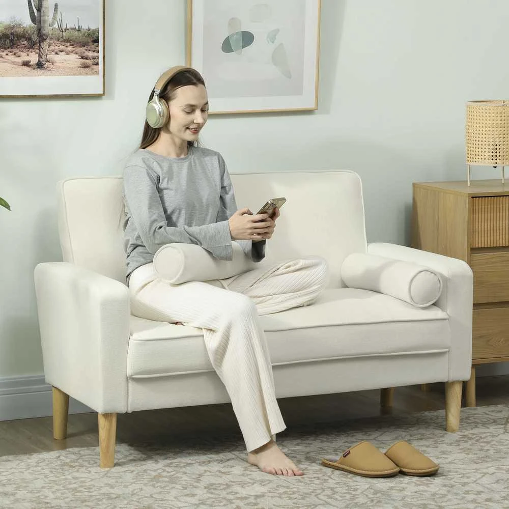 HOMCOM 2-vietė sofa, dvivietė sofa su kaučiukmedžio kojelėmis, minkšta sofa svetainei, miegamajam, kreminės baltos spalvos