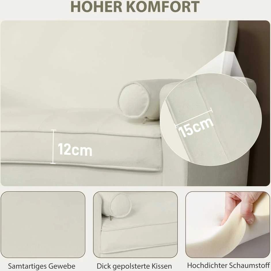 HOMCOM 2-vietė sofa, dvivietė sofa su kaučiukmedžio kojelėmis, minkšta sofa svetainei, miegamajam, kreminės baltos spalvos