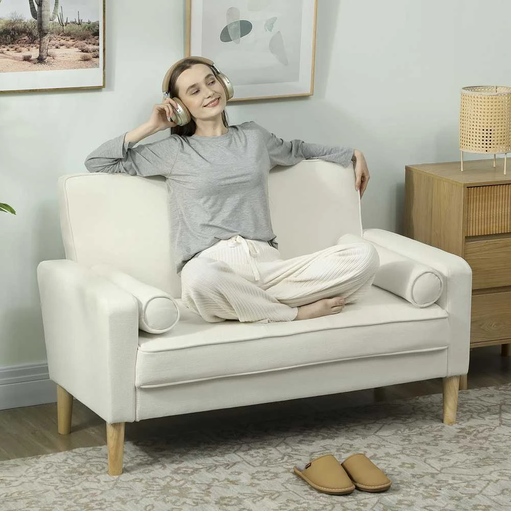 HOMCOM 2-vietė sofa, dvivietė sofa su kaučiukmedžio kojelėmis, minkšta sofa svetainei, miegamajam, kreminės baltos spalvos
