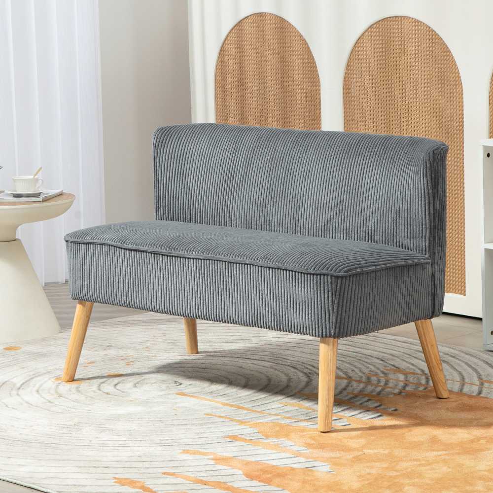HOMCOM 2 vietų sofa, sofa su kordine išvaizda, medinės kojos, minkšta sofa, dvivietė sofa svetainei, miegamajam, 117 x 56,5 x 77 cm, pilka
