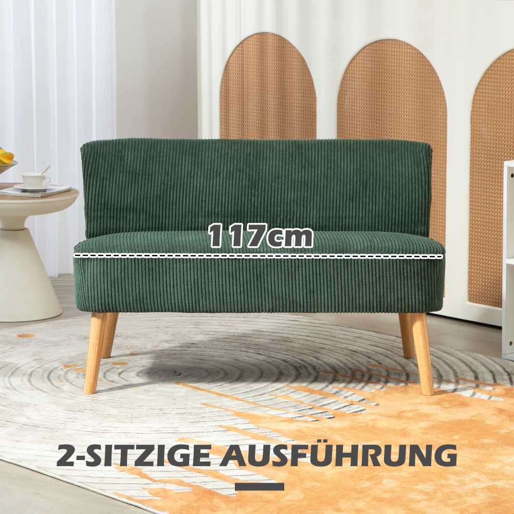 HOMCOM 2 vietų sofa, sofa su kordine išvaizda, medinės kojos, minkšta sofa, dvivietė sofa svetainei, miegamajam, 117 x 56,5 x 77 cm, žalios spalvos