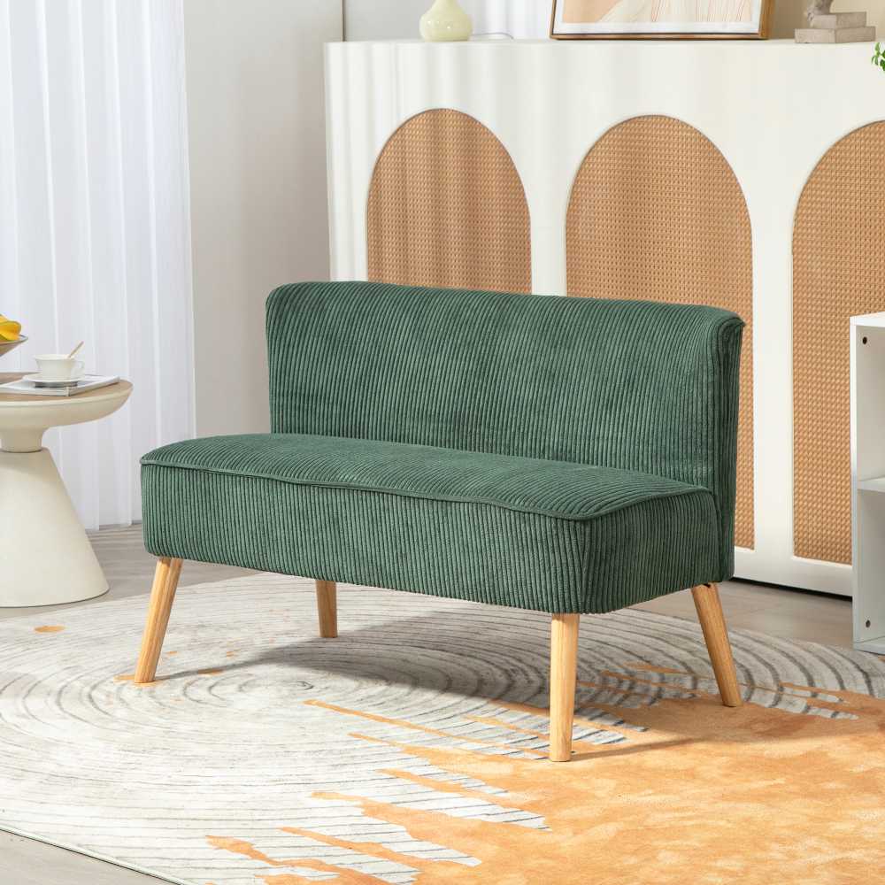 HOMCOM 2 vietų sofa, sofa su kordine išvaizda, medinės kojos, minkšta sofa, dvivietė sofa svetainei, miegamajam, 117 x 56,5 x 77 cm, žalios spalvos