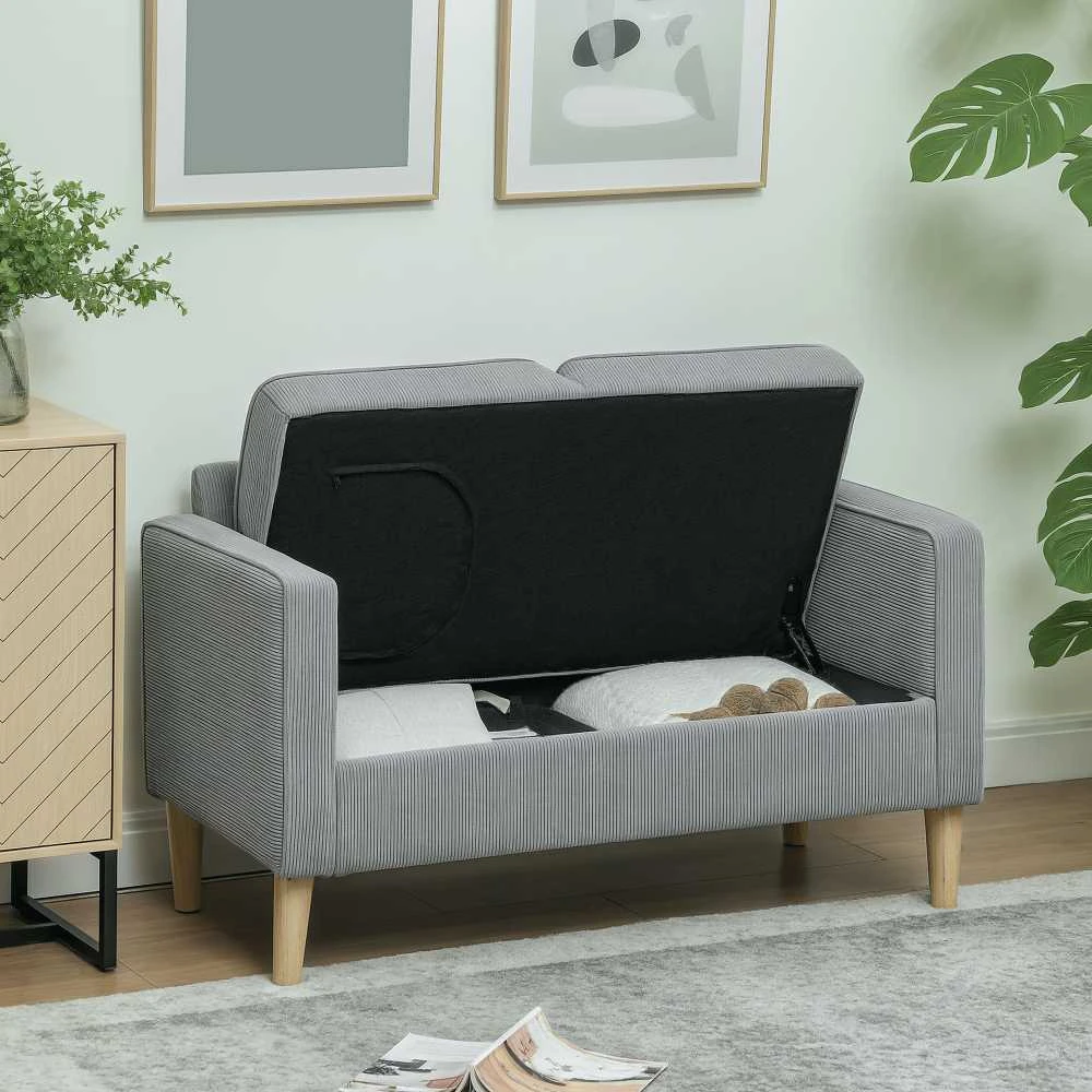 HOMCOM dvivietė sofa, maža sofa su porankiais, daiktadėžė, moderni gobeleninė sofa su velveto išvaizda, medinės kojelės, pagalvėlės, poilsio sofa svetainei, miegamajam, 117 x 63 x 79 cm, šviesiai pilka