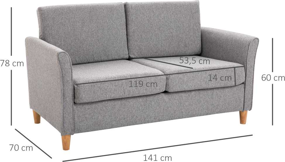 Homcom Dvivietė sofa su pagalvėlėmis, lininė, šviesiai pilka, 141x65x78cm