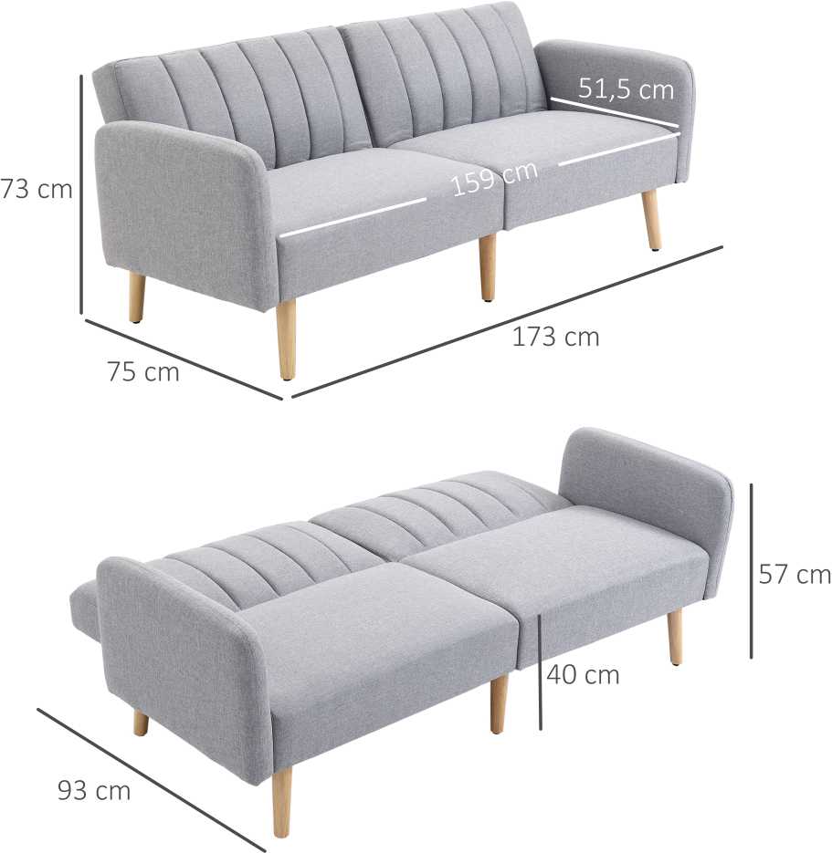 HOMCOM skandinaviško dizaino sofa-lova 2 asmenims, 3 kryptimis reguliuojamas atlošas, gumos medžio kojos, pilkos spalvos lininis audinys