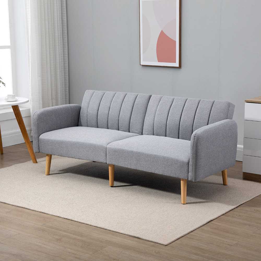 HOMCOM skandinaviško dizaino sofa-lova 2 asmenims, 3 kryptimis reguliuojamas atlošas, gumos medžio kojos, pilkos spalvos lininis audinys