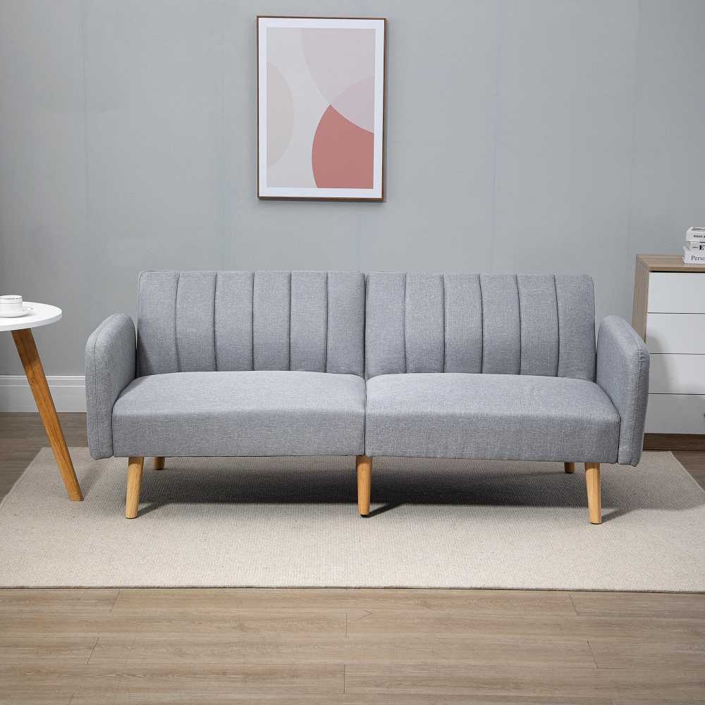 HOMCOM skandinaviško dizaino sofa-lova 2 asmenims, 3 kryptimis reguliuojamas atlošas, gumos medžio kojos, pilkos spalvos lininis audinys