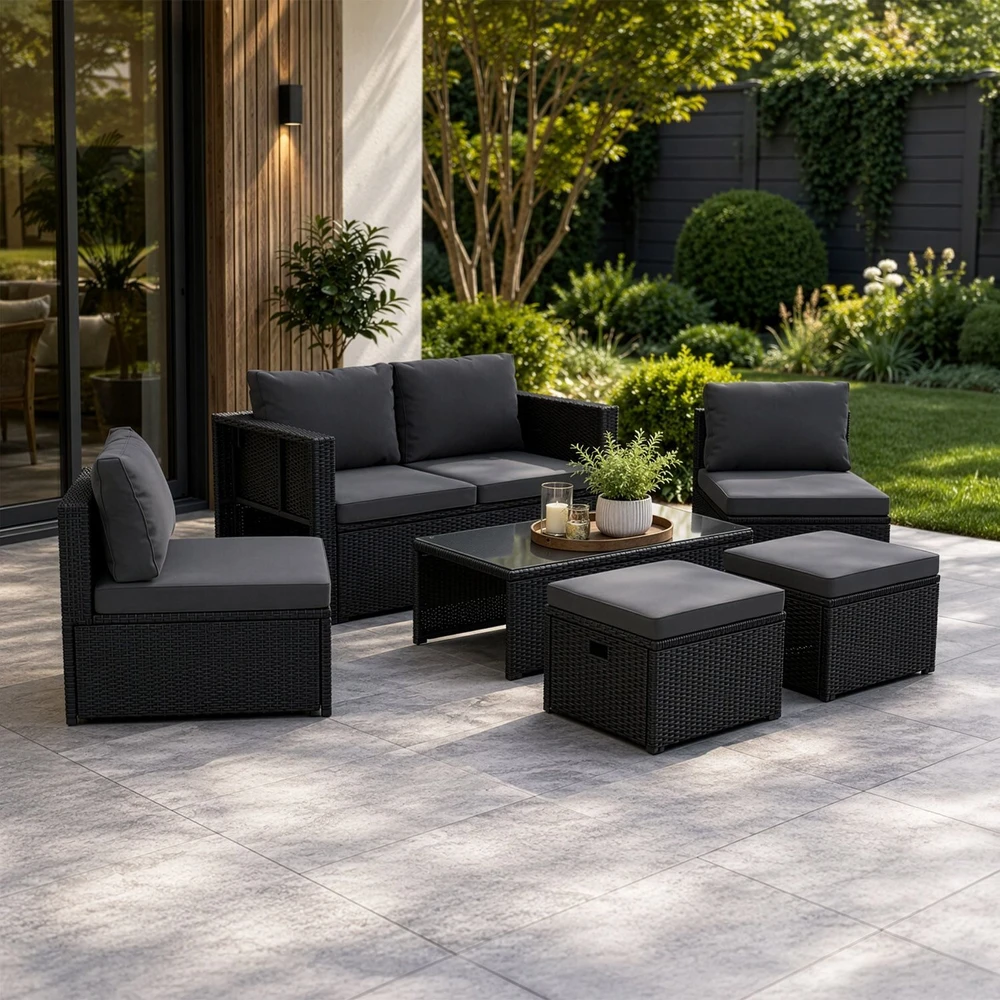 Sofa Juskys Poilsio komplektas Salou su suolu 136x63x68 cm, foteliu 59x60x67 cm, stalu 103x33x50 cm, kremas/smėlio spalvos