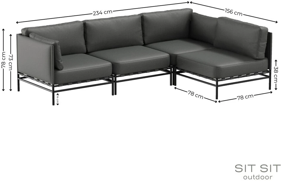 Sofa Sitsit Lauko moduliniai baldai, DANDY 3 + vienas modulis, 156x234 cm, tamsiai pilka spalva