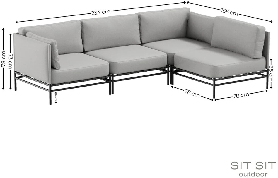 Sofa Sitsit Lauko moduliniai baldai, "Dandy 3 + Single Module", 156x234x78 cm, pilka spalva