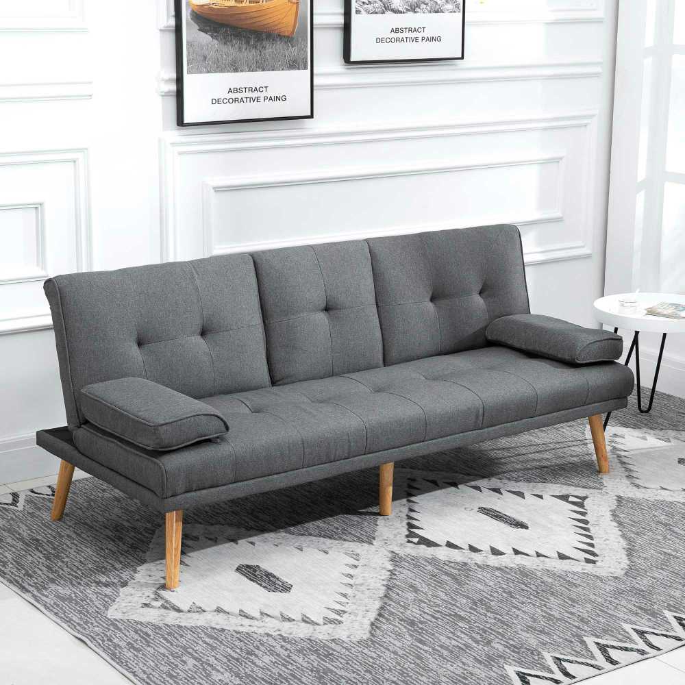 HOMCOM sofa lova, 3 vietų sofa, sofa-lova su atlenkiamu staliuku, puodelių laikikliu, skandinaviško dizaino, tamsiai pilka, iki 250 kg