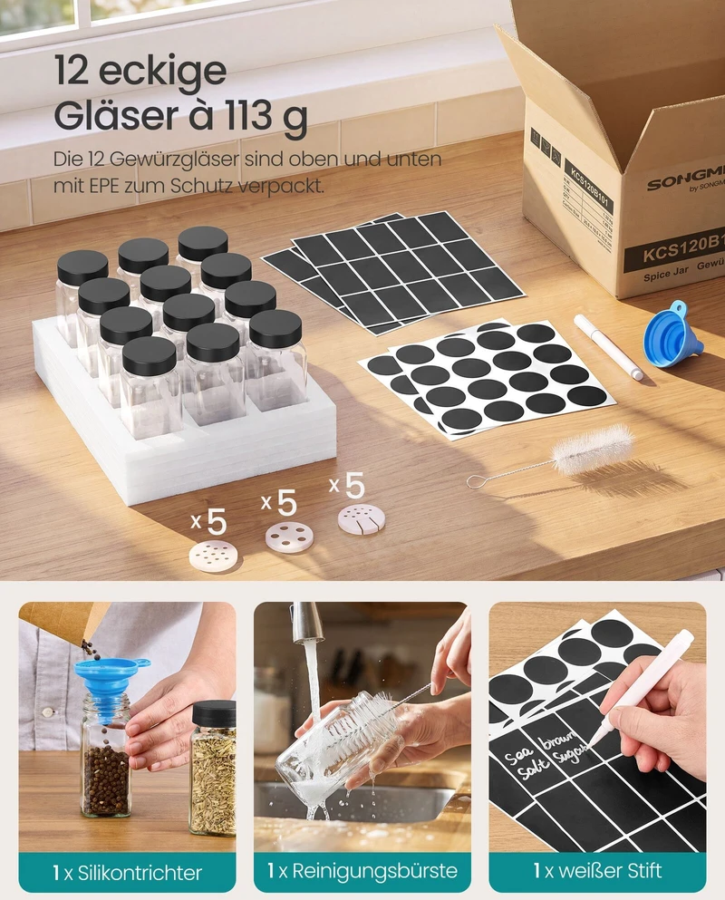 Songmics Prieskonių stiklainiai su barstymo įdėklais ir etiketėmis, juodi, 4,5 × 4,5 × 10,3 cm, 12 vnt.