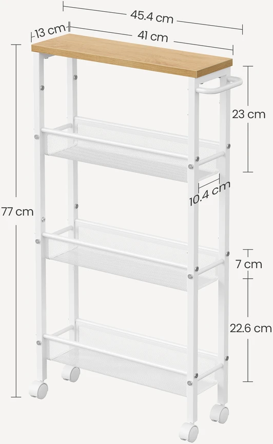 Songmics 4 lentynų vežimėlis su ratukais 45,4x13x77 cm auksinis ąžuolas/balta