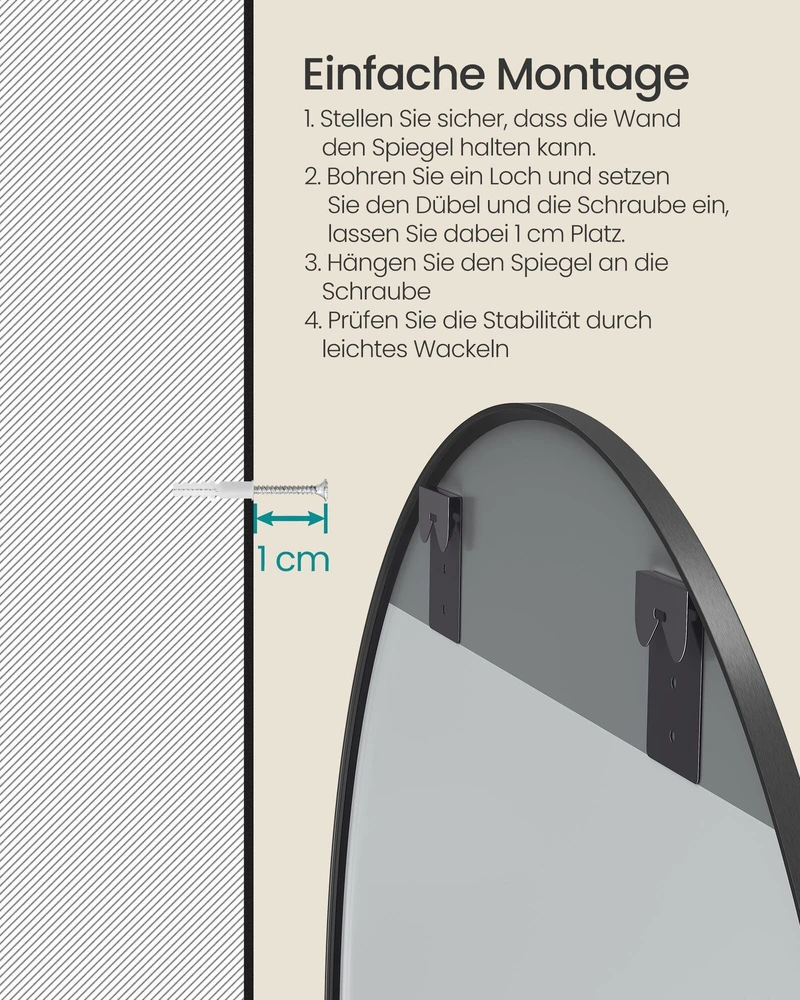 Songmics Apvalus 105 cm veidrodis su metaliniu rėmeliu, tamsiai juodos spalvos