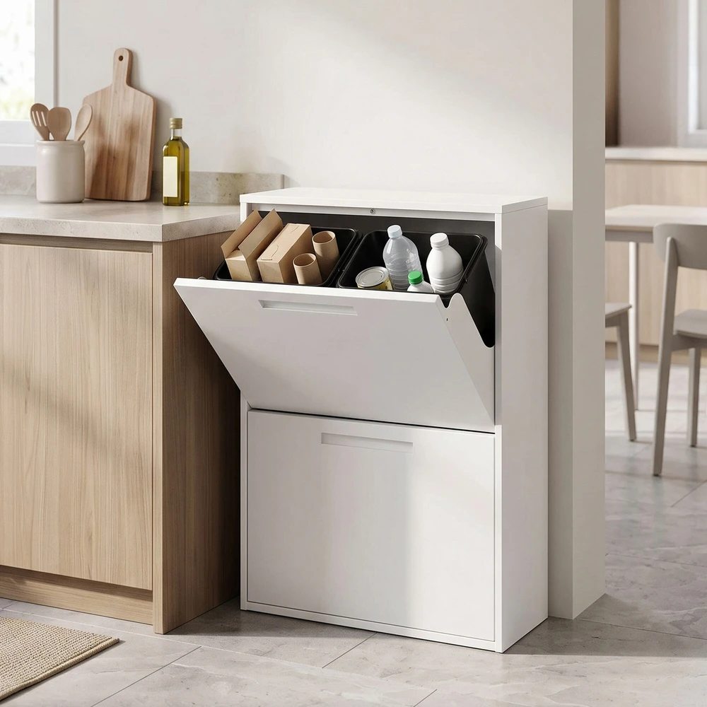Songmics Šiukšlių rūšiavimo sistema su 4 × 17 l talpomis, balta, 24,1 × 63,1 × 92,1 cm