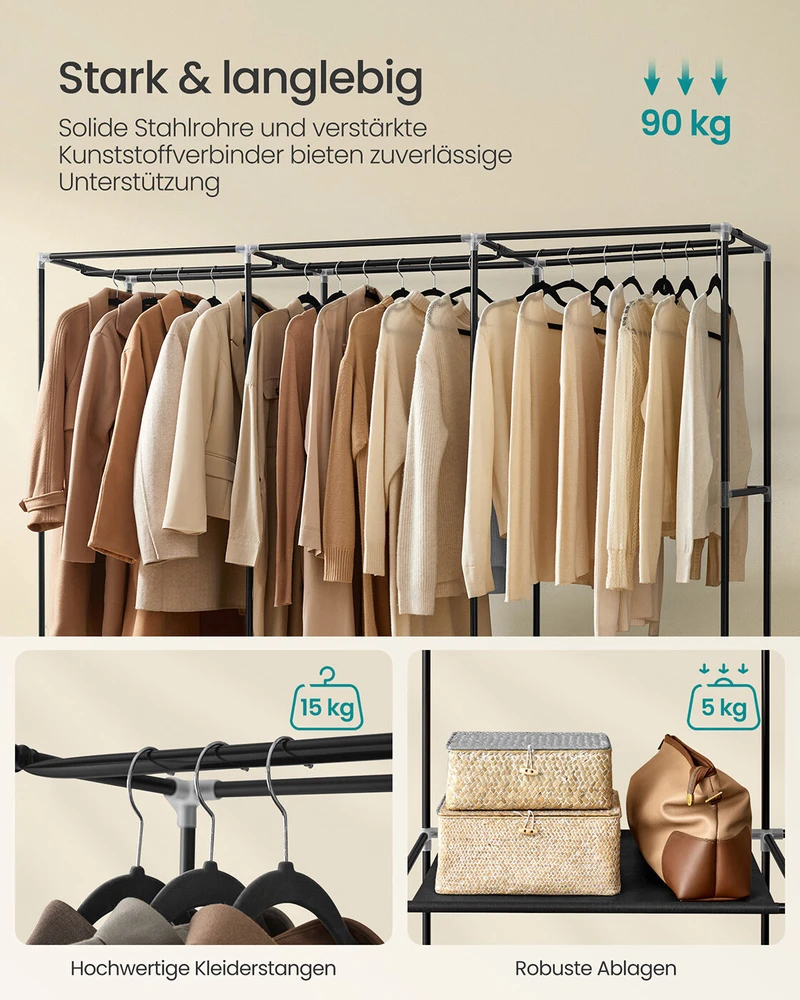 SONGMICS audinio spinta 45 x 188 x 176 cm su 3 pakabinamais skyrius, juoda