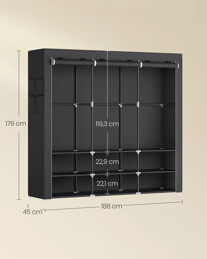 SONGMICS audinio spinta 45 x 188 x 176 cm su 3 pakabinamais skyrius, juoda