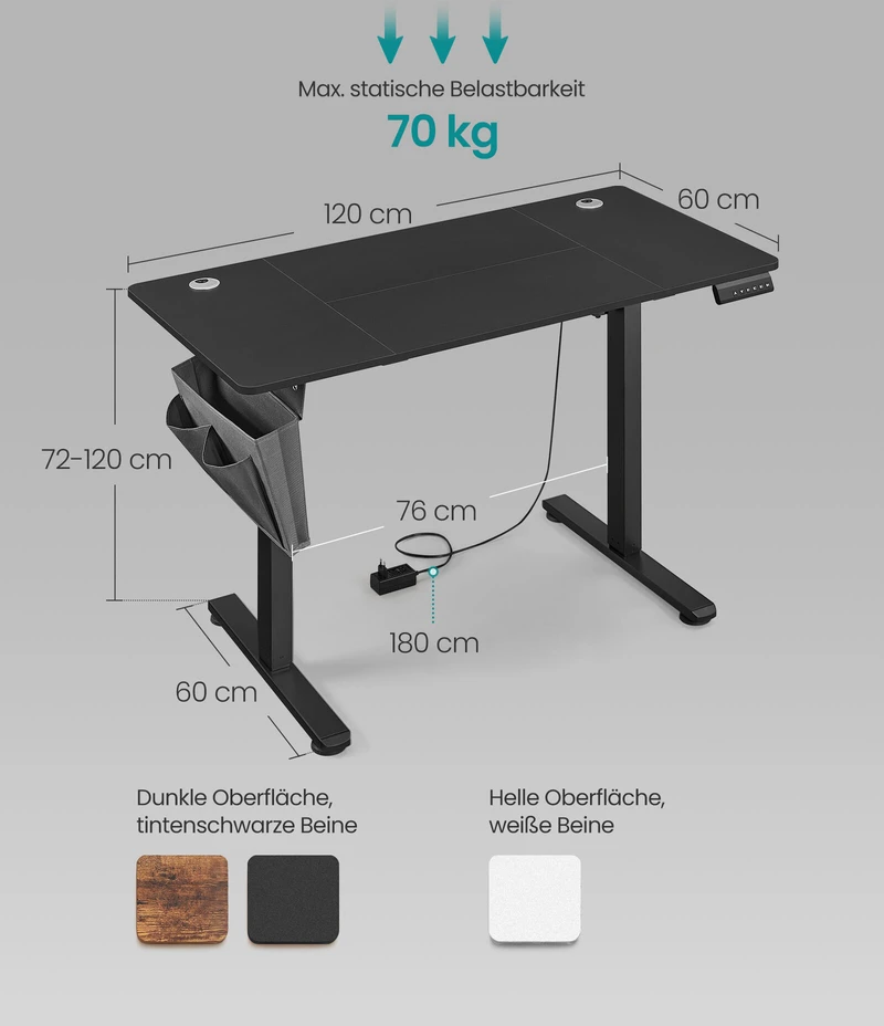 Songmics Reguliuojamo aukščio elektrinis stalas 60 x 120 x (72-120) cm