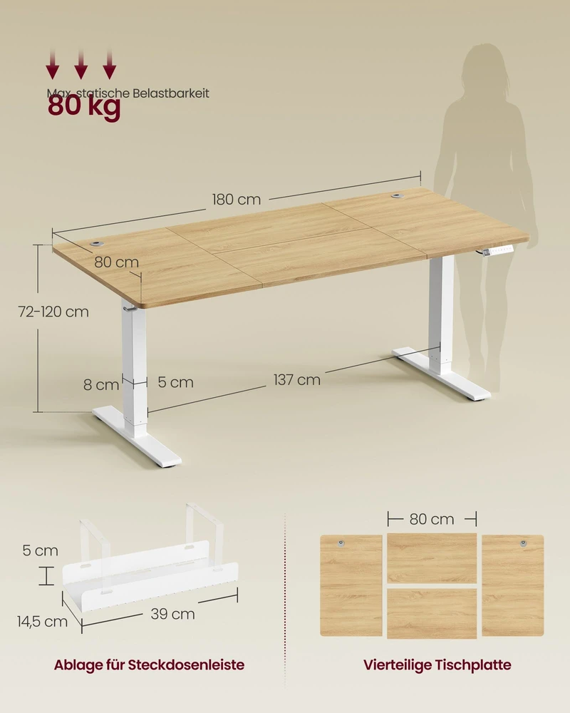 Songmics Aukštį reguliuojantis stalas su USB-C jungtimi, 180 x 80 cm