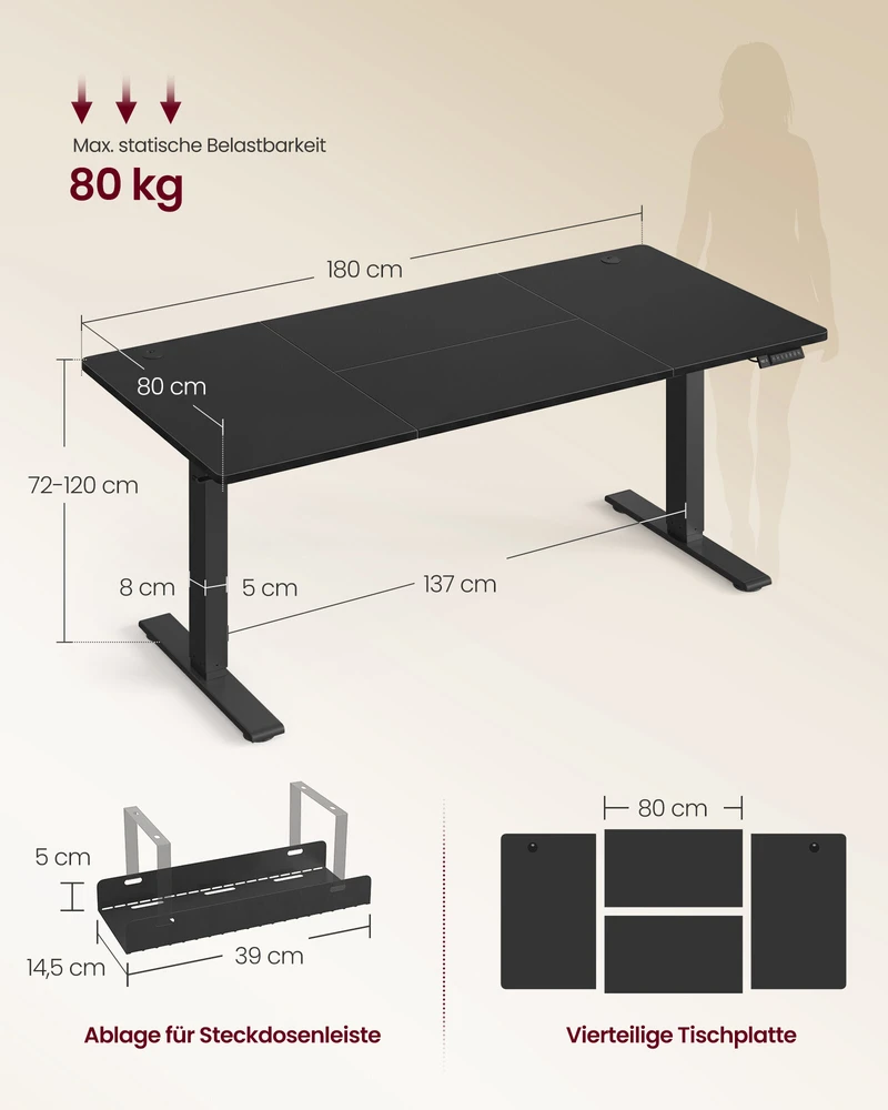 Songmics Aukštį reguliuojantis stalas su USB-C jungtimi, 180 x 80 cm