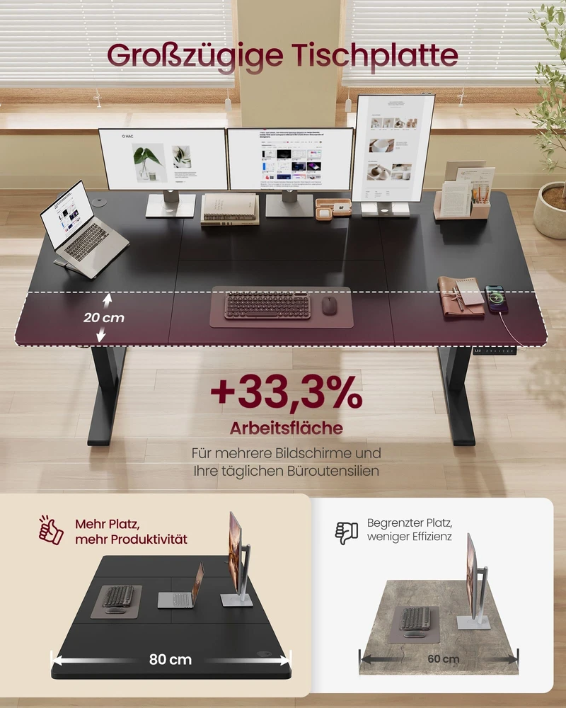 Songmics Aukštį reguliuojantis stalas su USB-C jungtimi, 180 x 80 cm